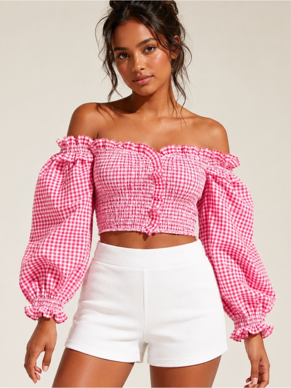 Zara Pink Gingham Smocked Off Shoulder Puff Sleeve Crop Top Size M